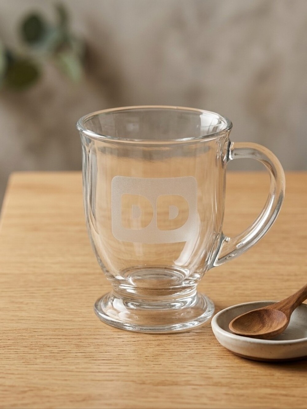 Dunkin Donuts Clear Footed Glass Frosted "DD" Logo Coffee Latte Tea Mug